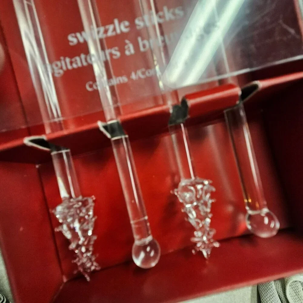 Pier One Glass Swizzle Sticks With Decorative Christmas Tree‎ Tops Set Of 4 Xmas
